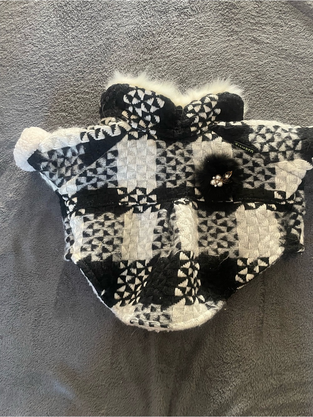 Black & White Knit Dog Coat with Faux Fur Trim and Pom Accent